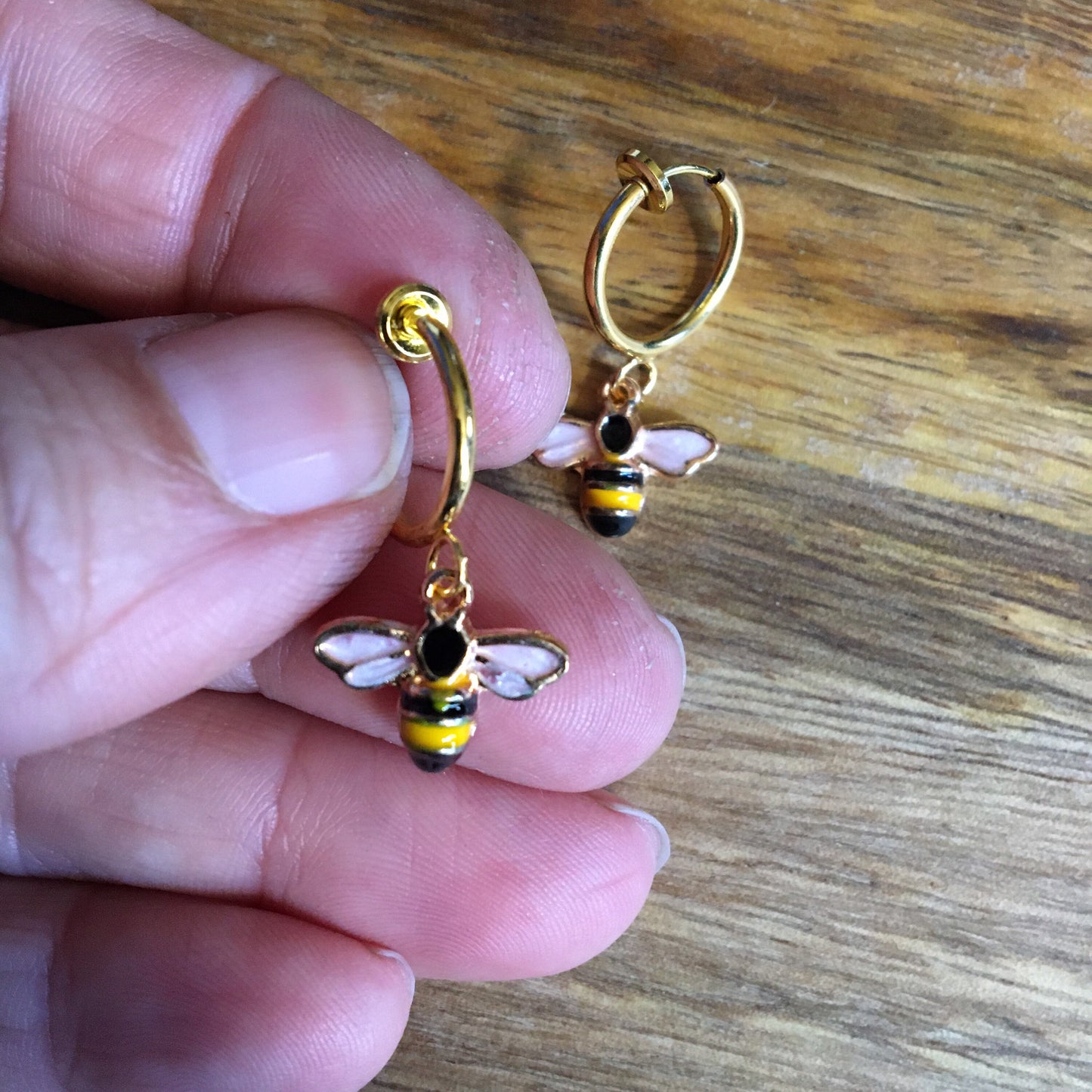 Tiny dangling bumblebee clip on spring hoop earrings