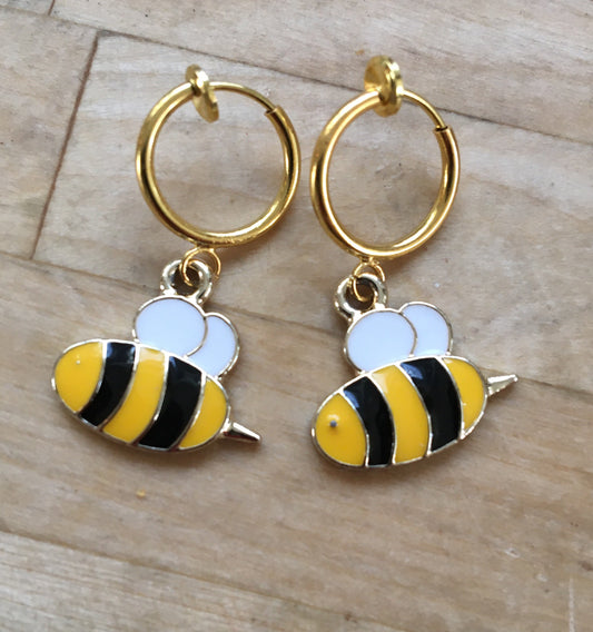 Little bumblebee spring hoop clip on earrings