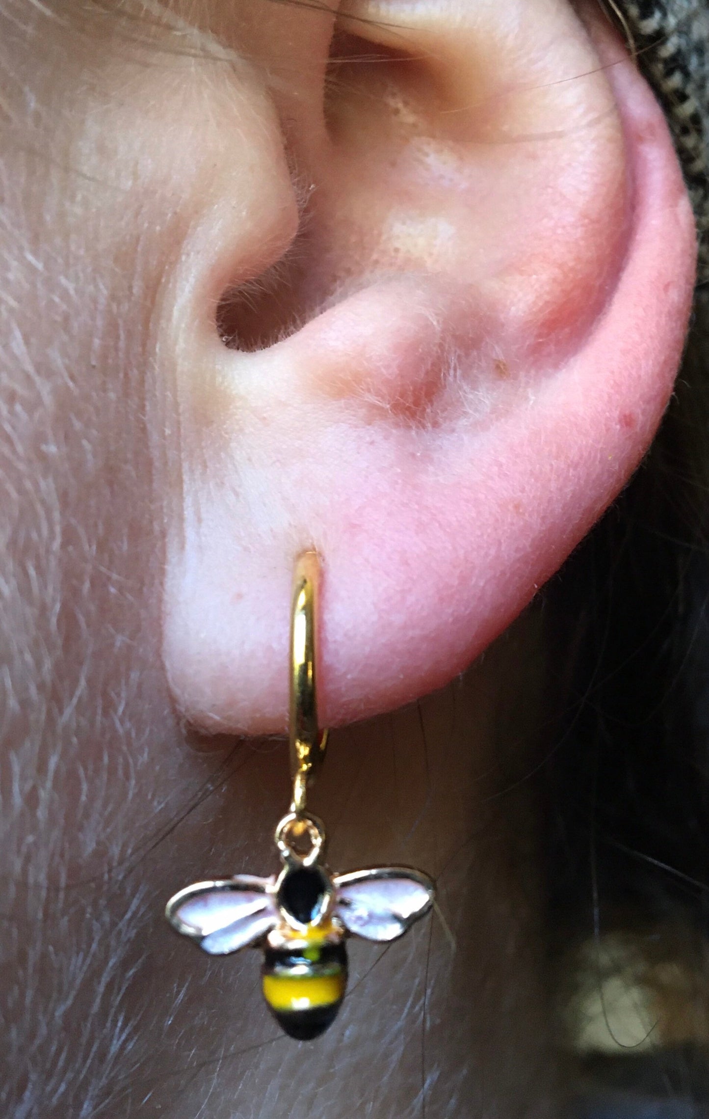 Tiny dangling bumblebee clip on spring hoop earrings