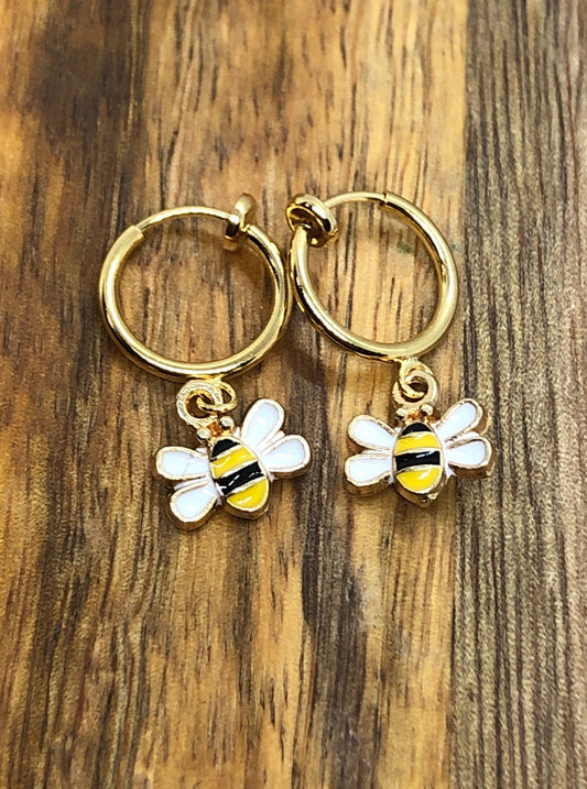 Tiniest bumblebee huggie spring hoop clip on earrings, small earrings for unpierced ears