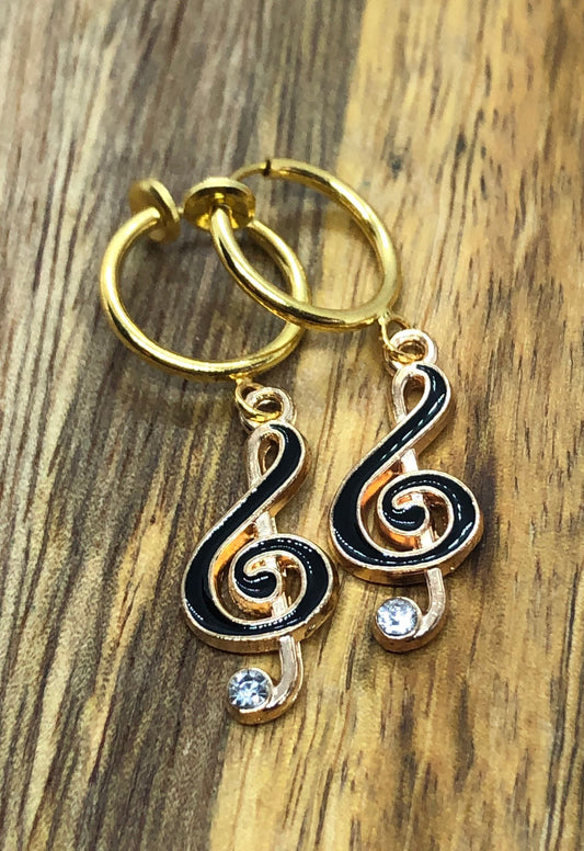 Treble Clef enamel pendant clip on earrings with rhinestone accents (spring hoop)