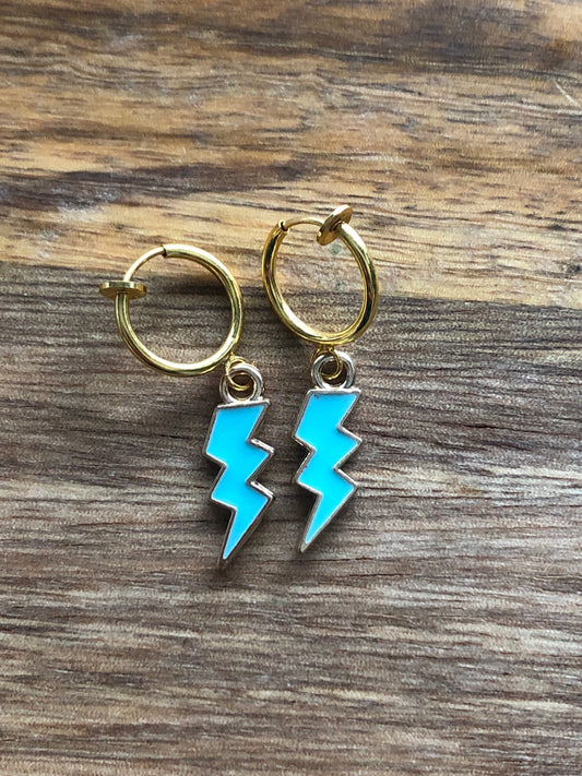 Matte enamel lighting bolt spring hoop clip on earrings | dangle clip on earrings (huggie| no piercing)