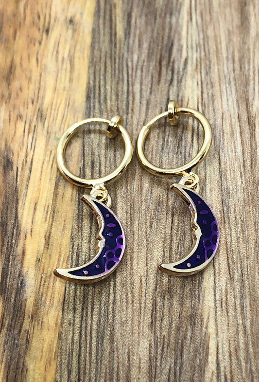 Dangling enamel crescent moon spring hoop (huggie) clip on earrings