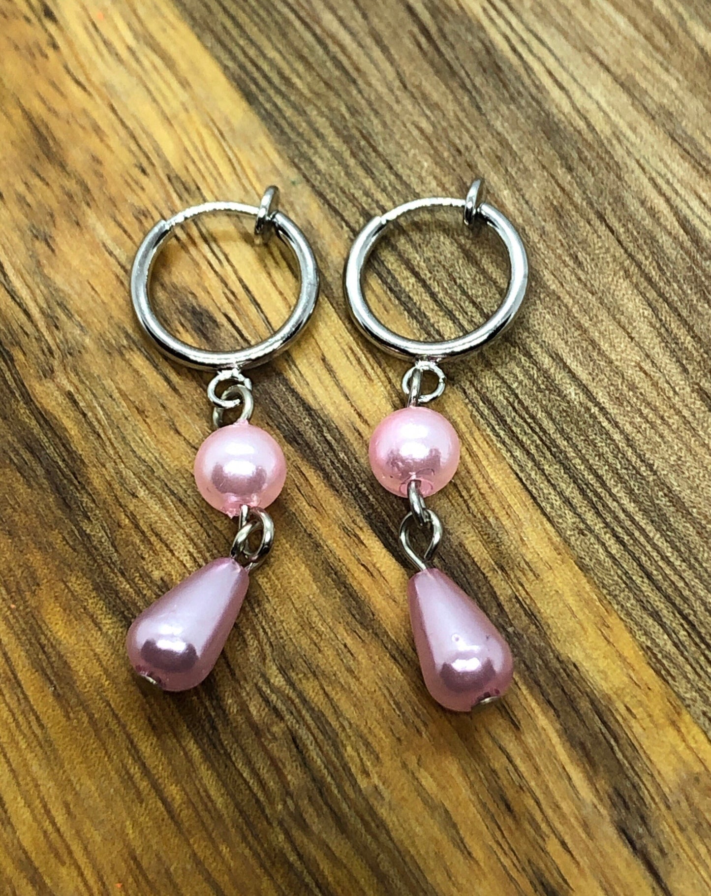 Dangling faux pearl teardrop clip on earrings (spring hoop)