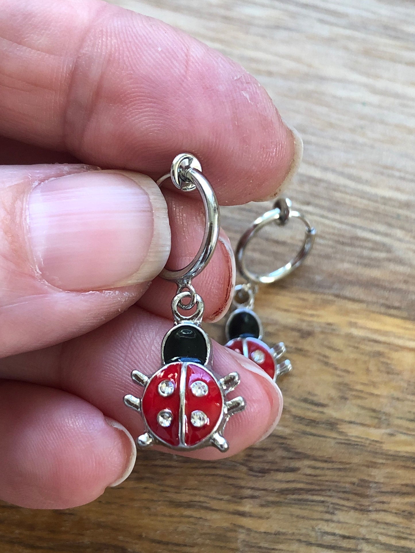 Dangling enamel rhinestone ladybug spring hoop earrings (huggie|clip on)