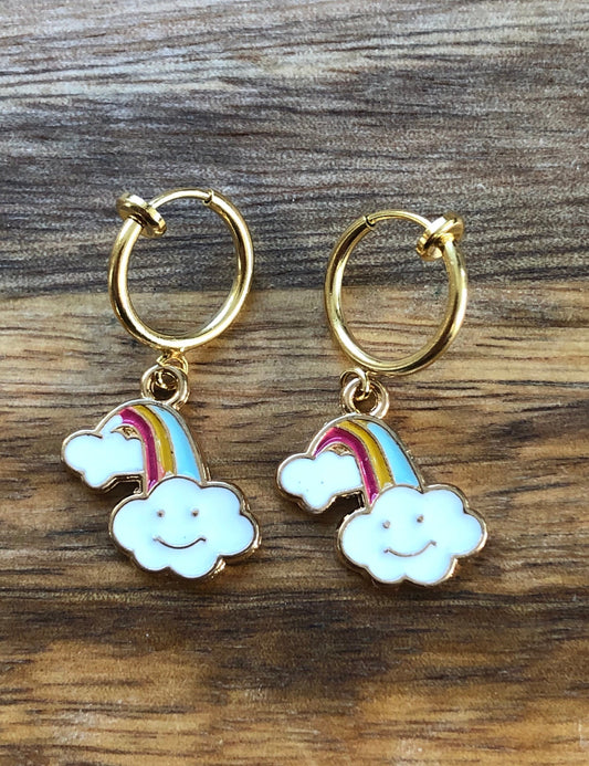 Dangling happy little rainbow cloud spring hoop clip on earrings, small earrings for unpierced ears