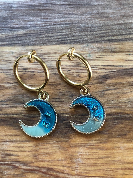 Dangling enamel turquoise crescent moon huggie clip on spring hoop earrings, small earrings for unpierced ears