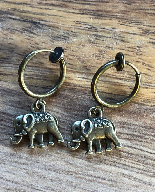 Dangling tiny elephant clip on earrings (huggie| spring hoop), small earrings for unpierced ears