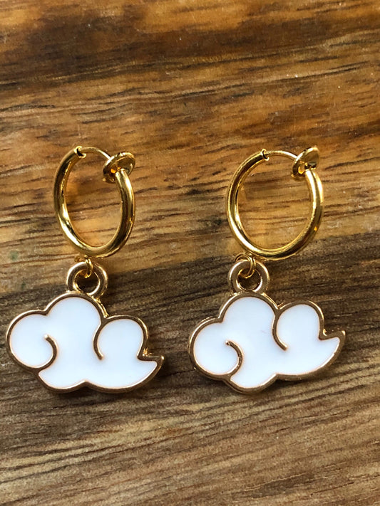 Tiny dangling white enamel cloud clip on spring hoop earrings