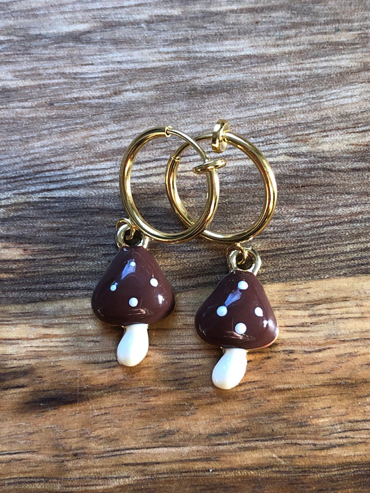 Tiny mushroom clip on earrings on spring hoop clips (no piercing)