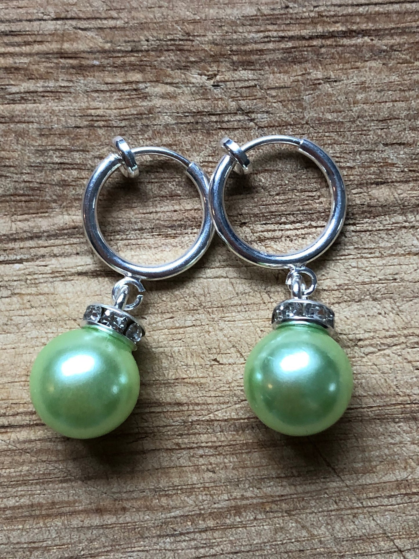 Dangling faux pearl and rhinestone rondelle huggie silver clip on earrings (spring hoop)