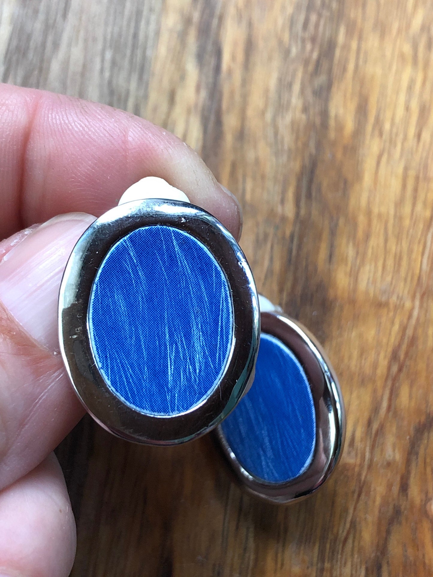 Vintage silver and brushed blue enamel clip on earrings