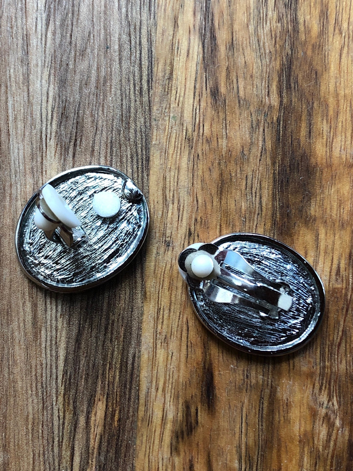 Vintage silver and brushed blue enamel clip on earrings