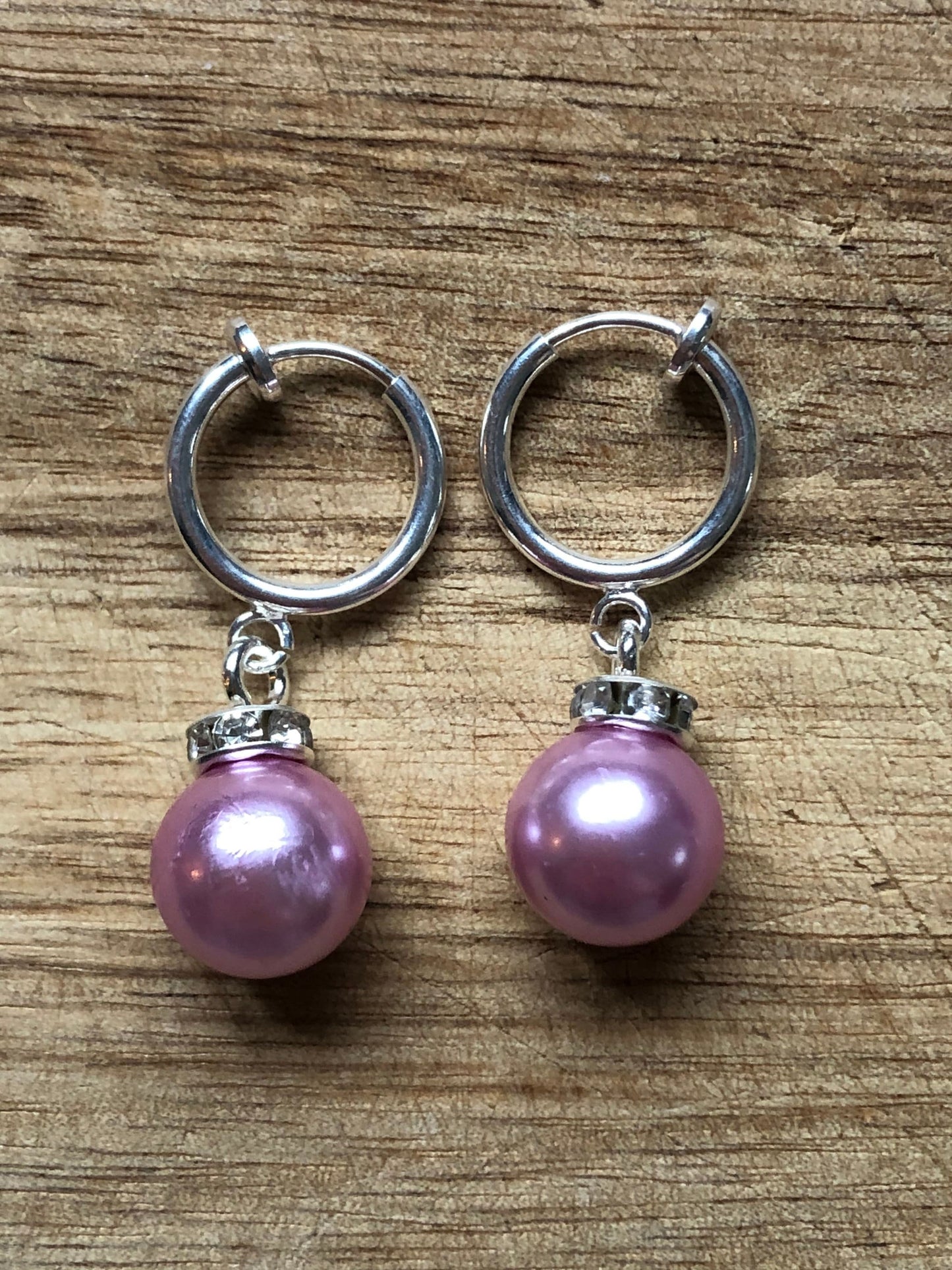 Dangling faux pearl and rhinestone rondelle huggie silver clip on earrings (spring hoop)