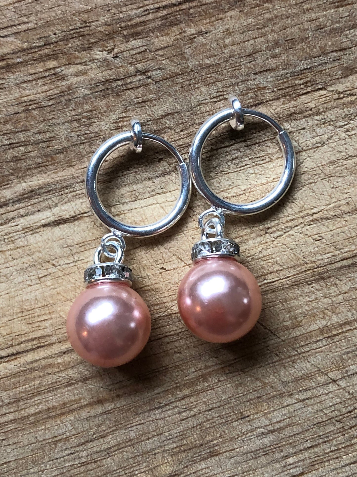 Dangling faux pearl and rhinestone rondelle huggie silver clip on earrings (spring hoop)