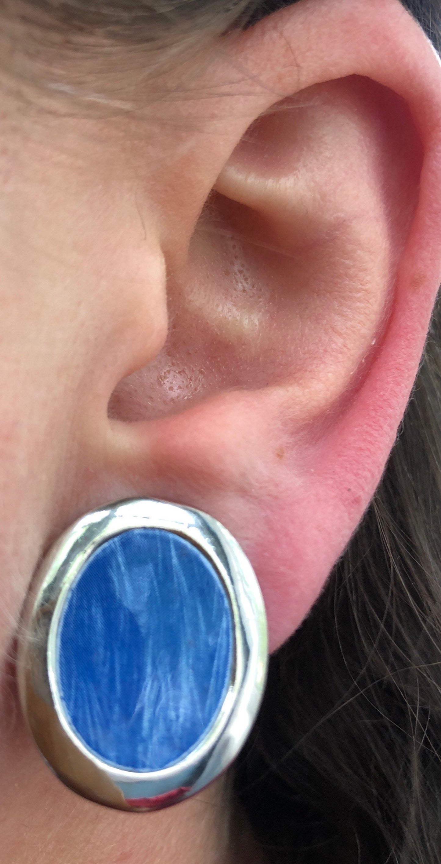 Vintage silver and brushed blue enamel clip on earrings