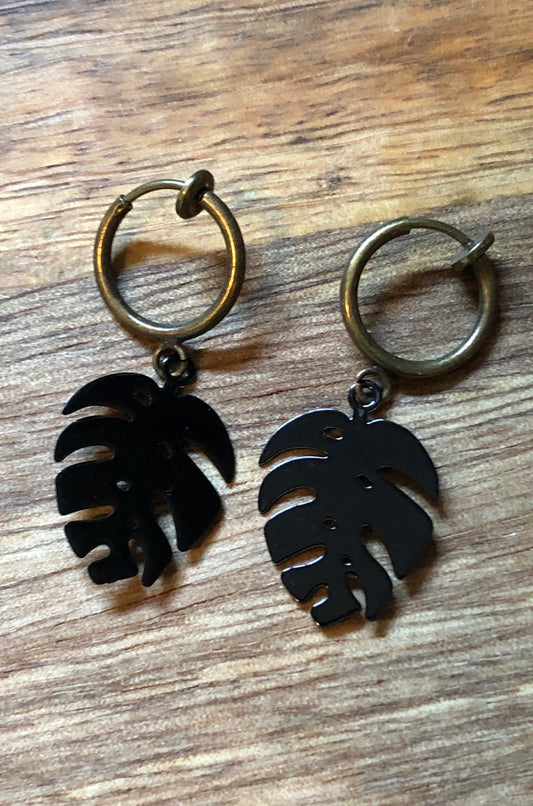 Tiny enamel monstera leaves on bronze spring hoop clip on earrings (no piercing)