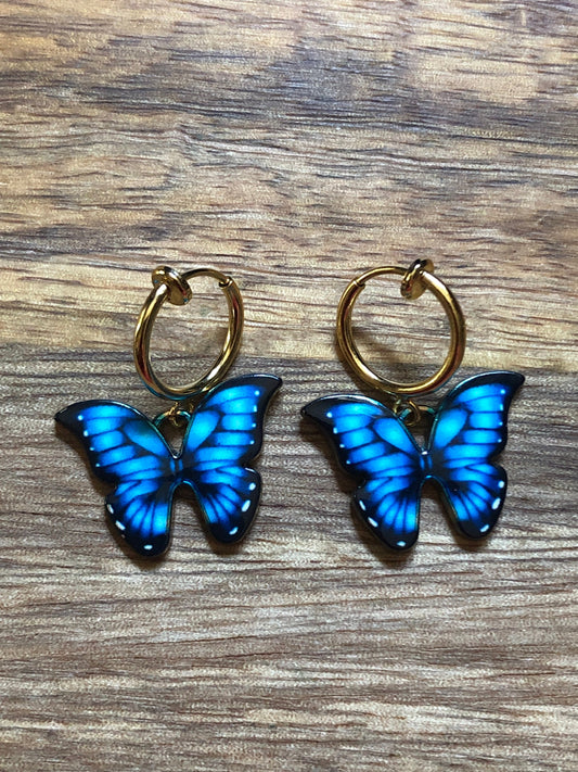 Clip on enamel butterfly huggie earrings (no pierce |spring hoop)