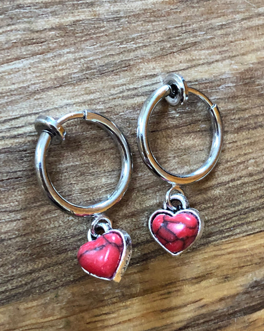 Adorable silver dangling heart clip on earrings, red or turquoise clip on spring hoop earrings