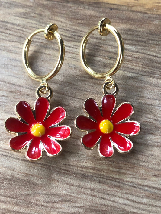 Tiny enamel daisy flower spring hoop clip on earrings