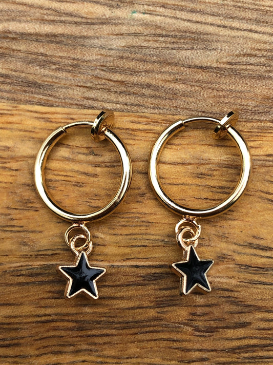 Tiny enamel star dangling spring hoop clip on earrings (no pierce | huggie) pink| blue| white| red|