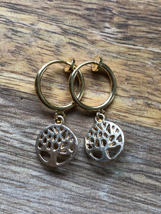 Dangling silver/gold coloured tree of life charm spring hoop clip on earrings