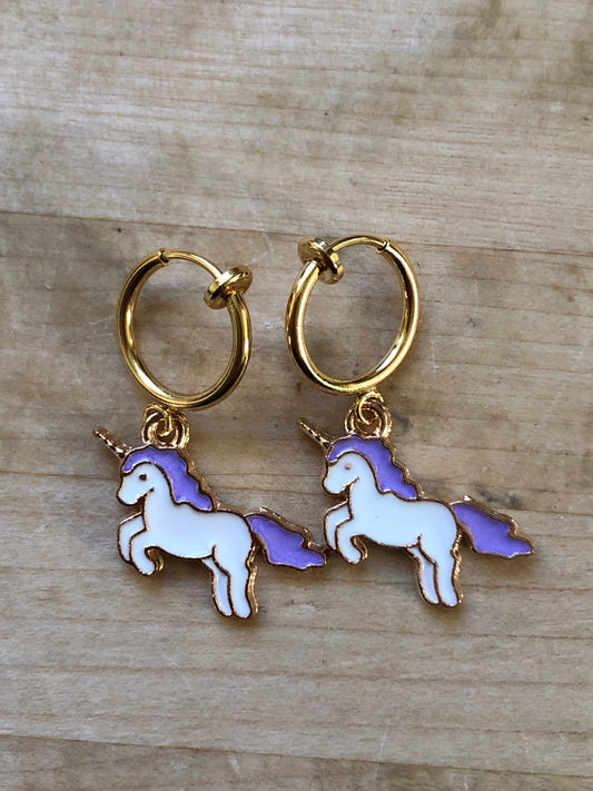 Tiny unicorn clip on spring hoop earrings