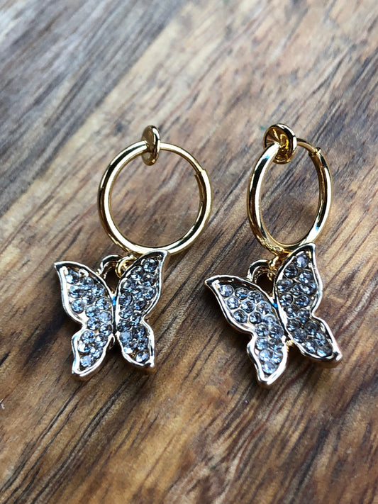 Small gold and rhinestone butterfly huggie clip on earrings (no pierce |spring hoop)