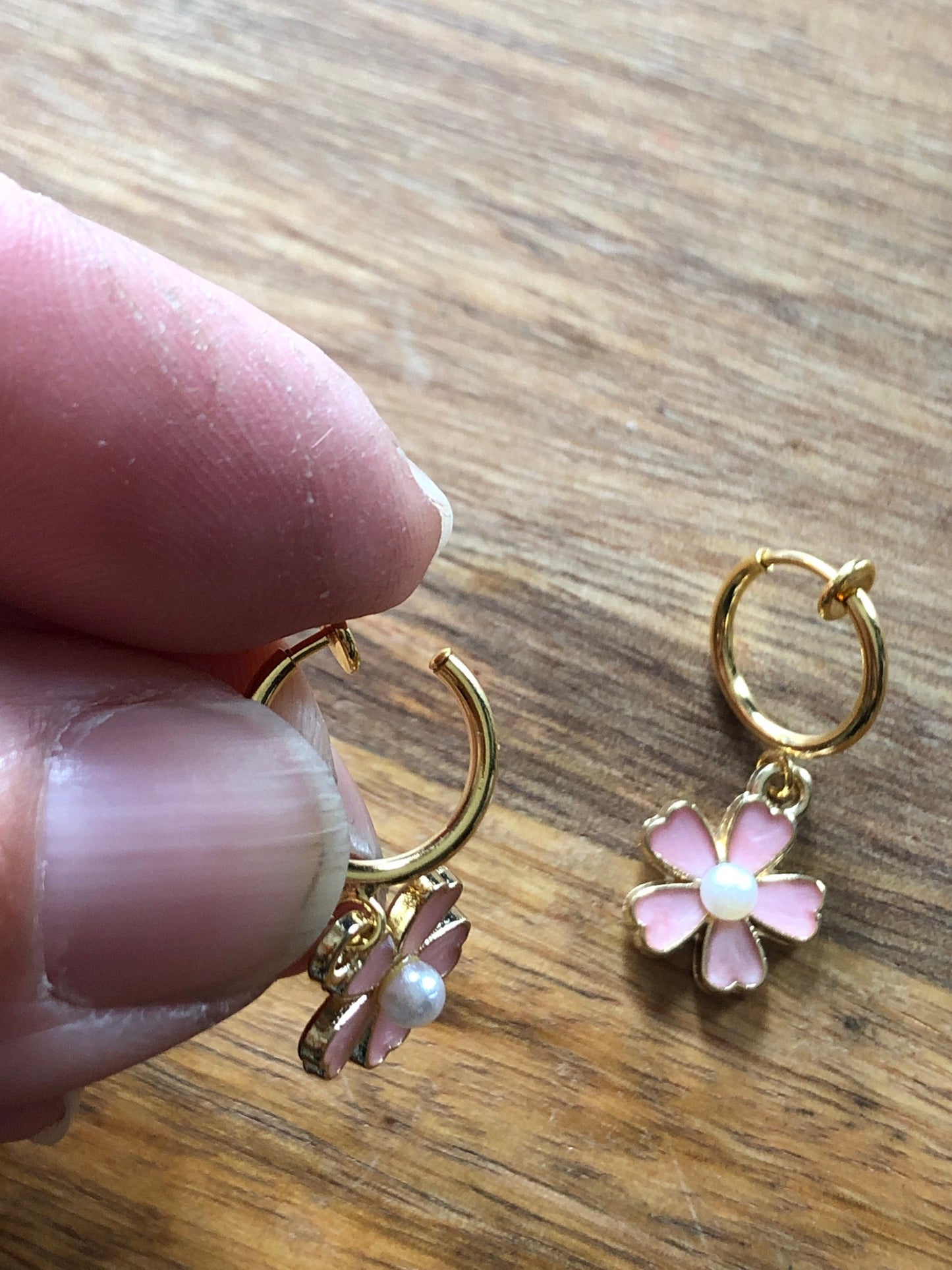 Tiny enamel flower and faux pearl or rhinestone spring hoop clip on earrings