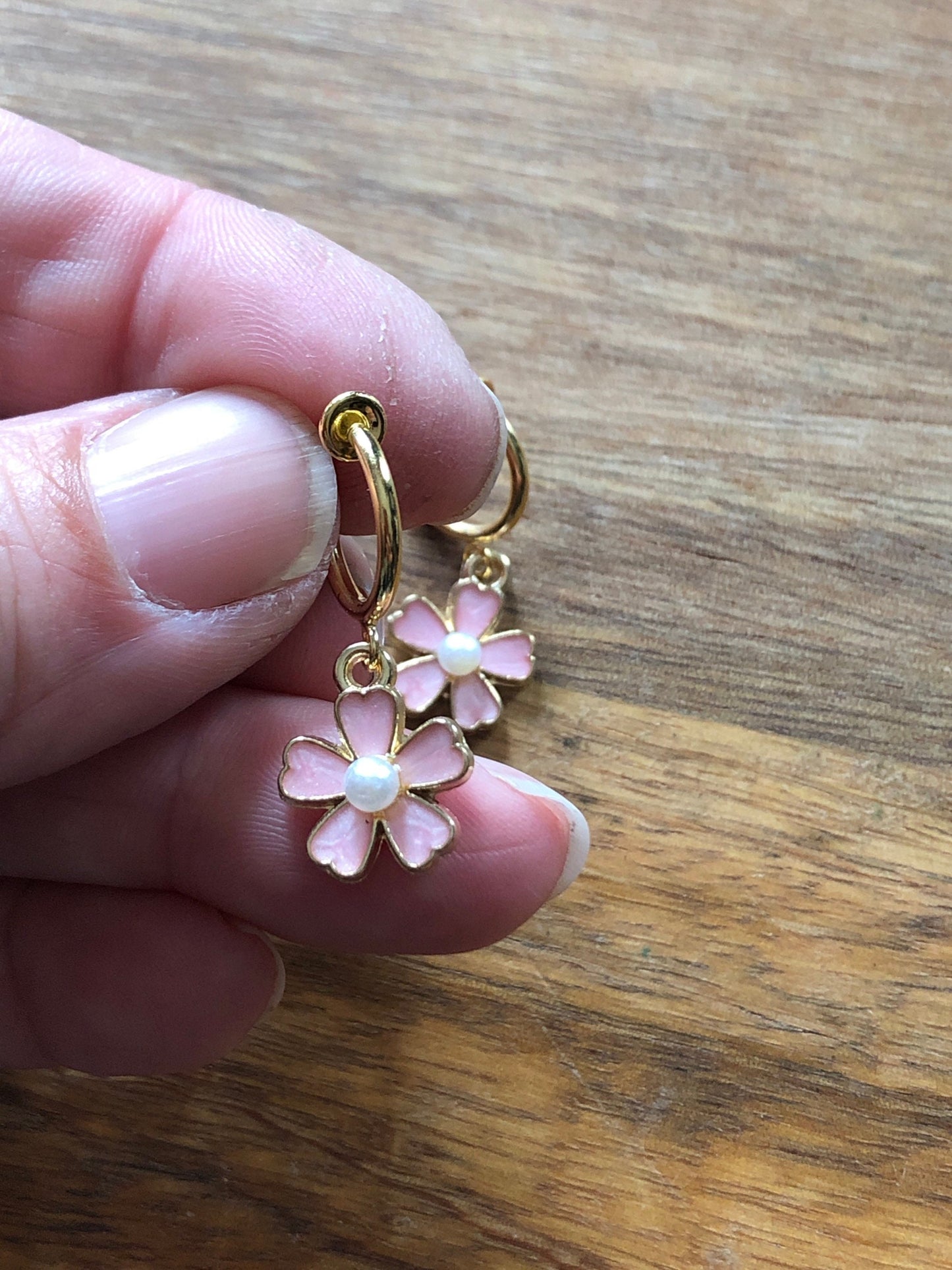 Tiny enamel flower and faux pearl or rhinestone spring hoop clip on earrings