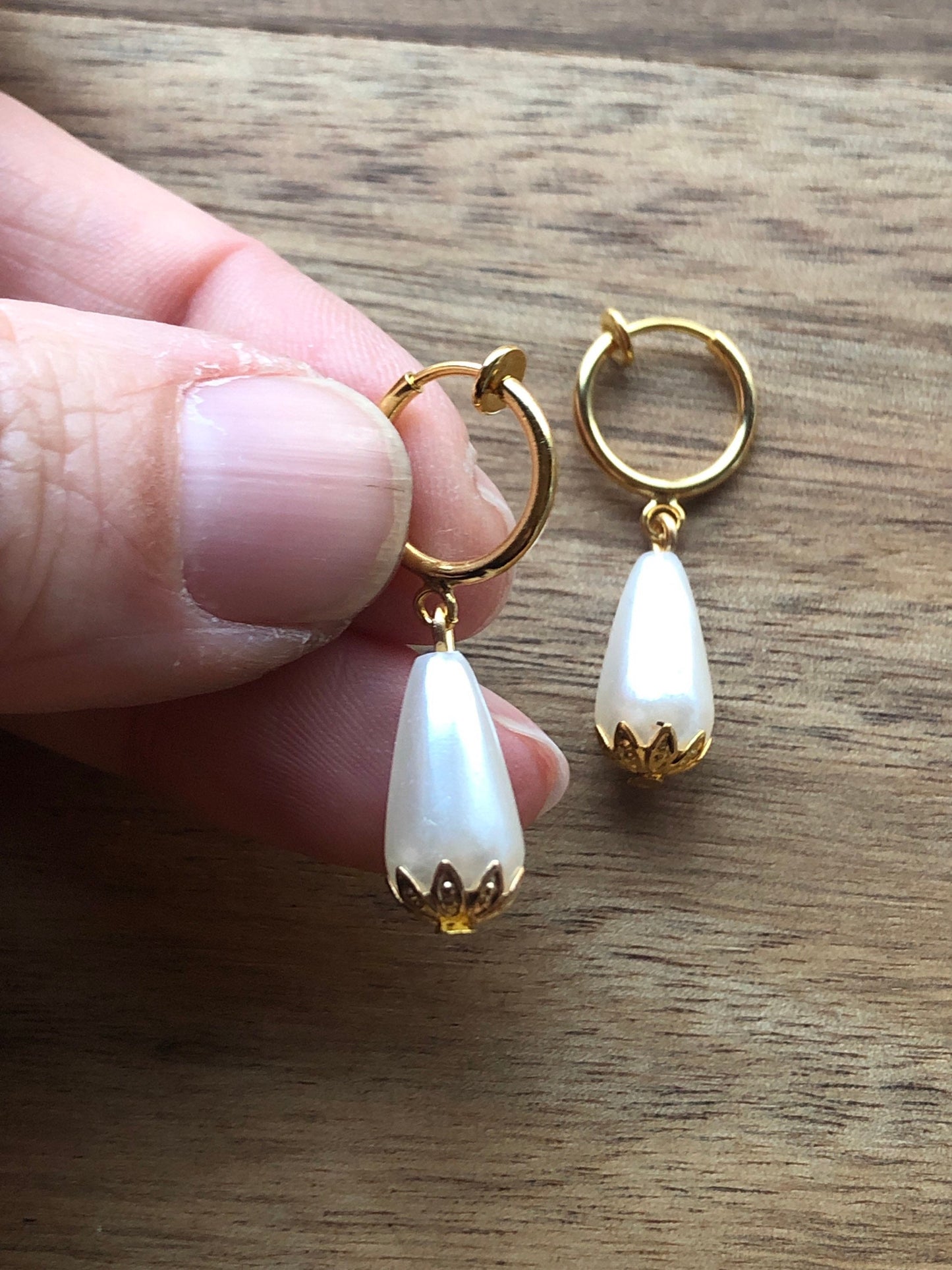 Dangling simple faux pearl large bead teardrop clip on earrings (spring hoop), small earrings for unpierced ears