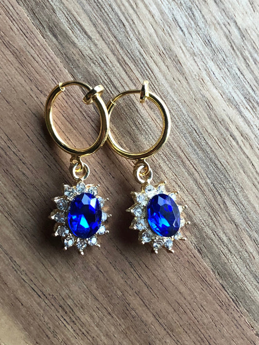 Sparkling rhinestone pendant clip on earrings (spring hoop), small earrings for unpierced ears