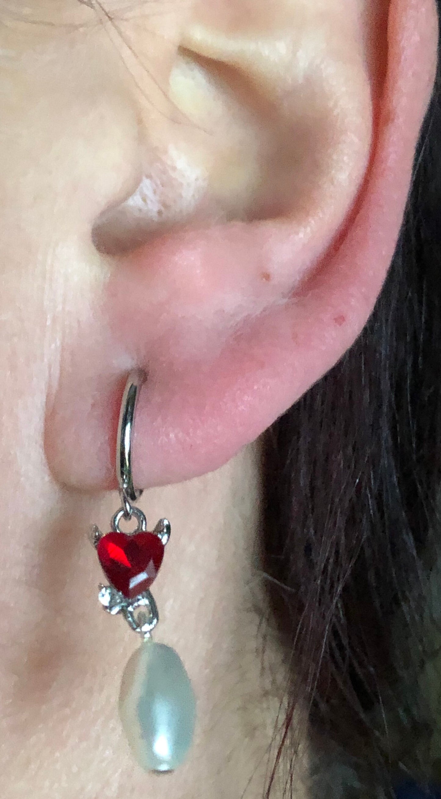 Tiniest dangling red rhinestone heart and faux pearl silver clip on spring hoop earrings, small earrings for unpierced ears