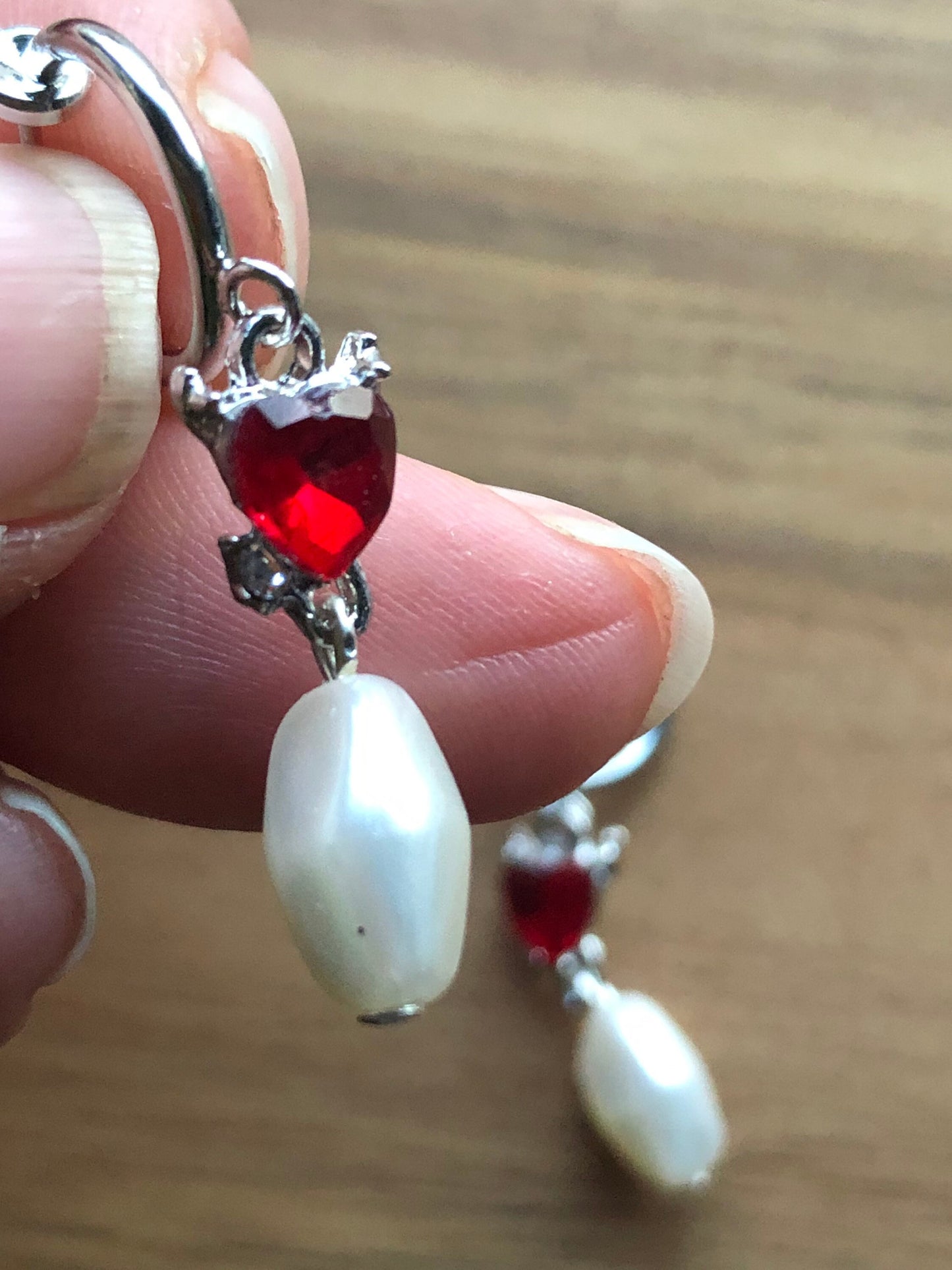 Tiniest dangling red rhinestone heart and faux pearl silver clip on spring hoop earrings, small earrings for unpierced ears