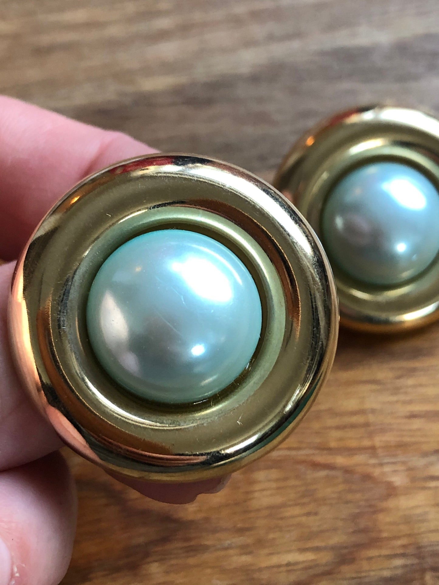 Vintage blue faux pearl cabochon clip on earrings