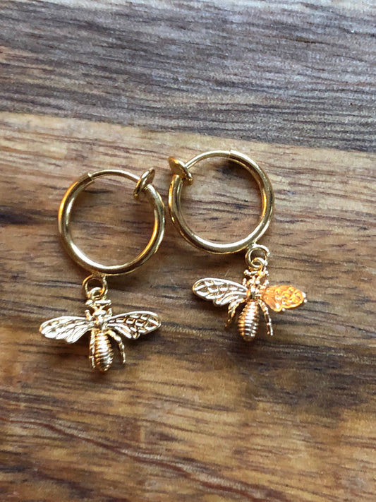 Tiniest golden bumblebee huggie spring hoop clip on earrings, silver bee earrings