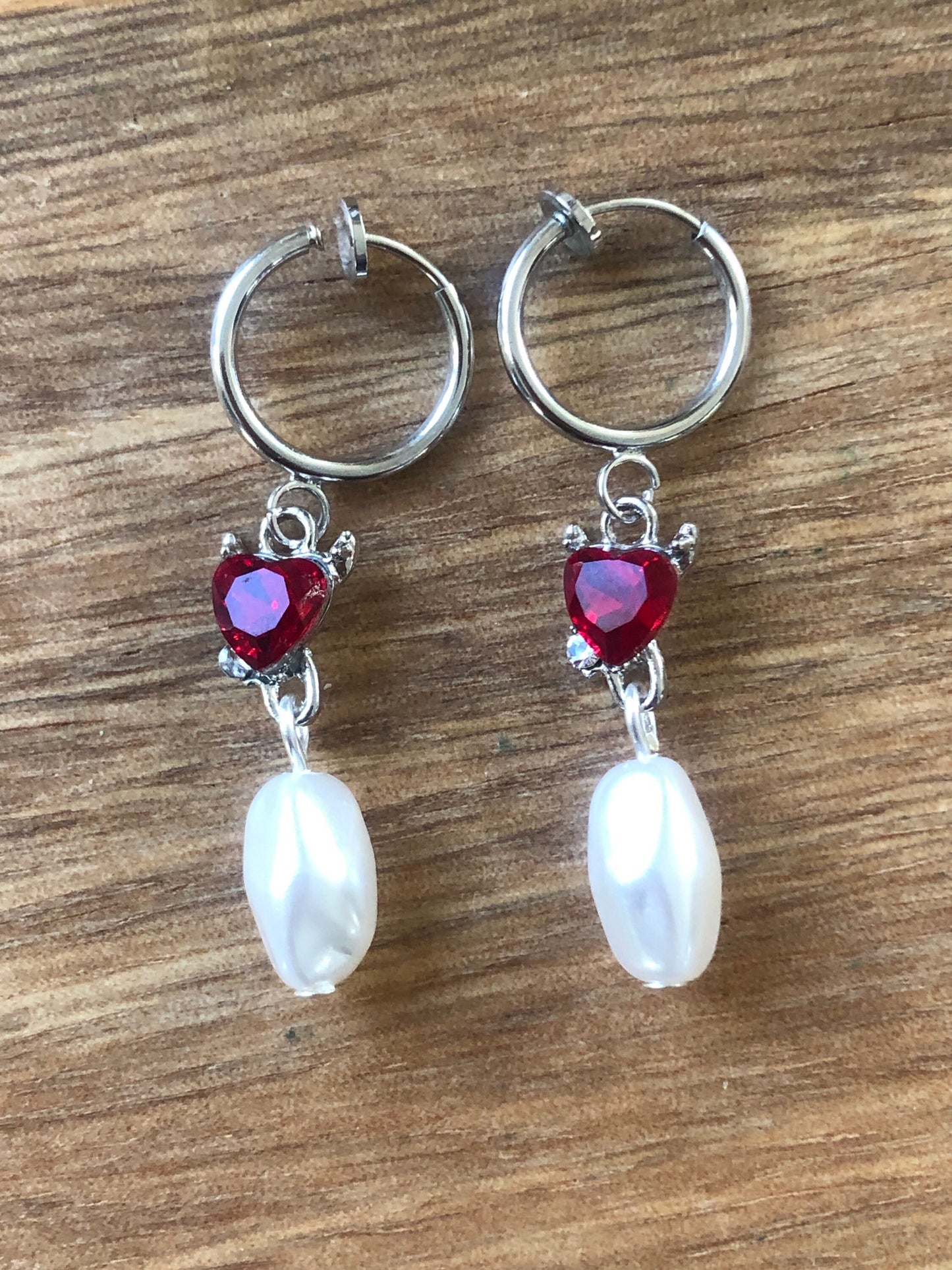 Tiniest dangling red rhinestone heart and faux pearl silver clip on spring hoop earrings, small earrings for unpierced ears