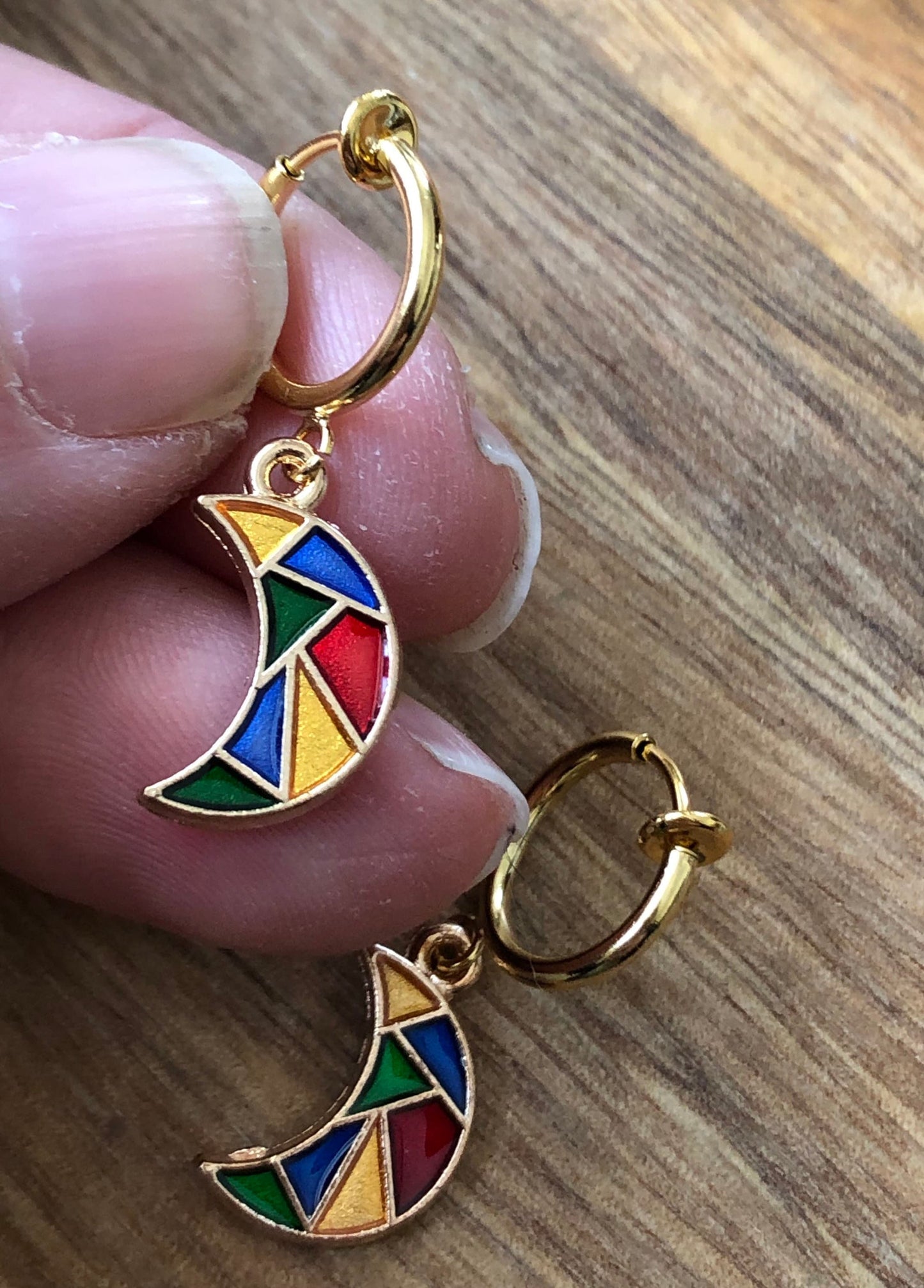 Dangling stained glass crescent moon huggie clip on spring hoop earrings, small earrings for unpierced ears