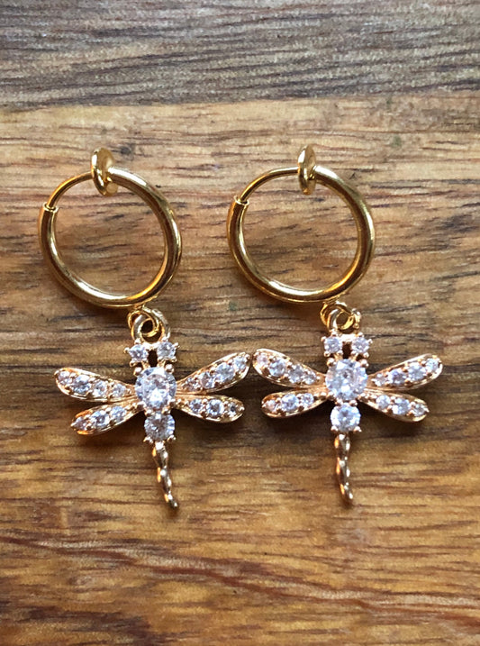 Sparkling rhinestone dragonfly clip on earrings (spring hoop)