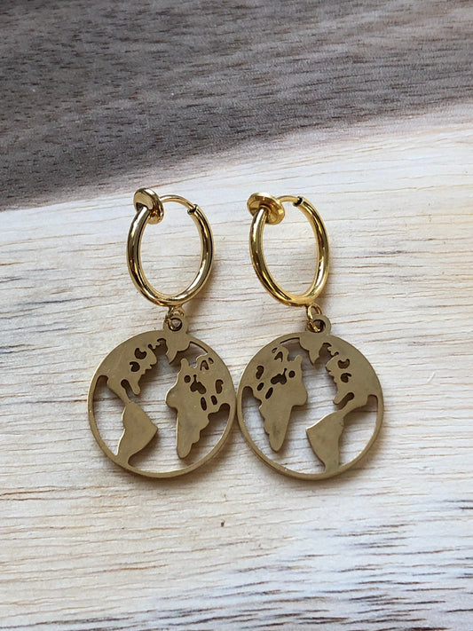 Dangling silver/gold coloured globe charm spring hoop clip on earrings, small earrings for unpierced ears