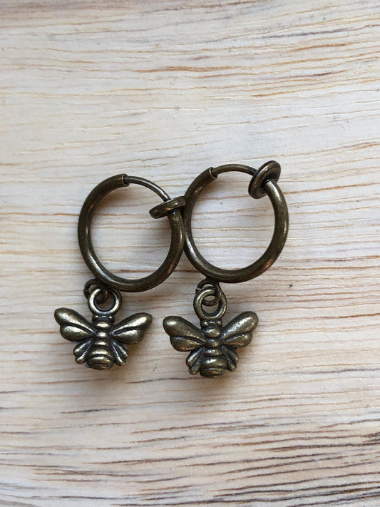 Tiniest bronze bumblebee huggie spring hoop clip on earrings