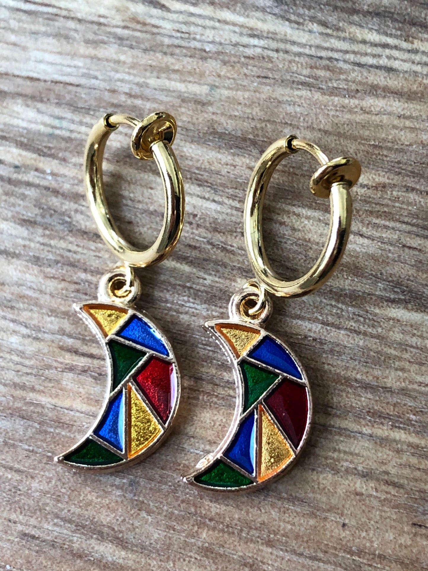 Dangling stained glass crescent moon huggie clip on spring hoop earrings, small earrings for unpierced ears