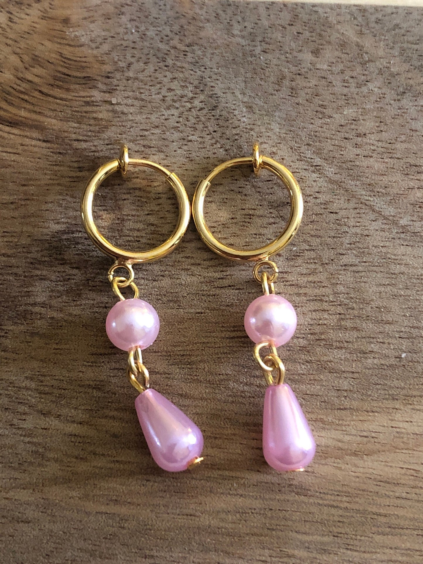 Dangling faux pearl teardrop clip on earrings (spring hoop)