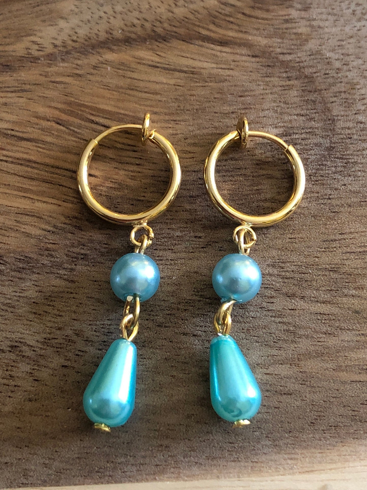 Dangling faux pearl teardrop clip on earrings (spring hoop)