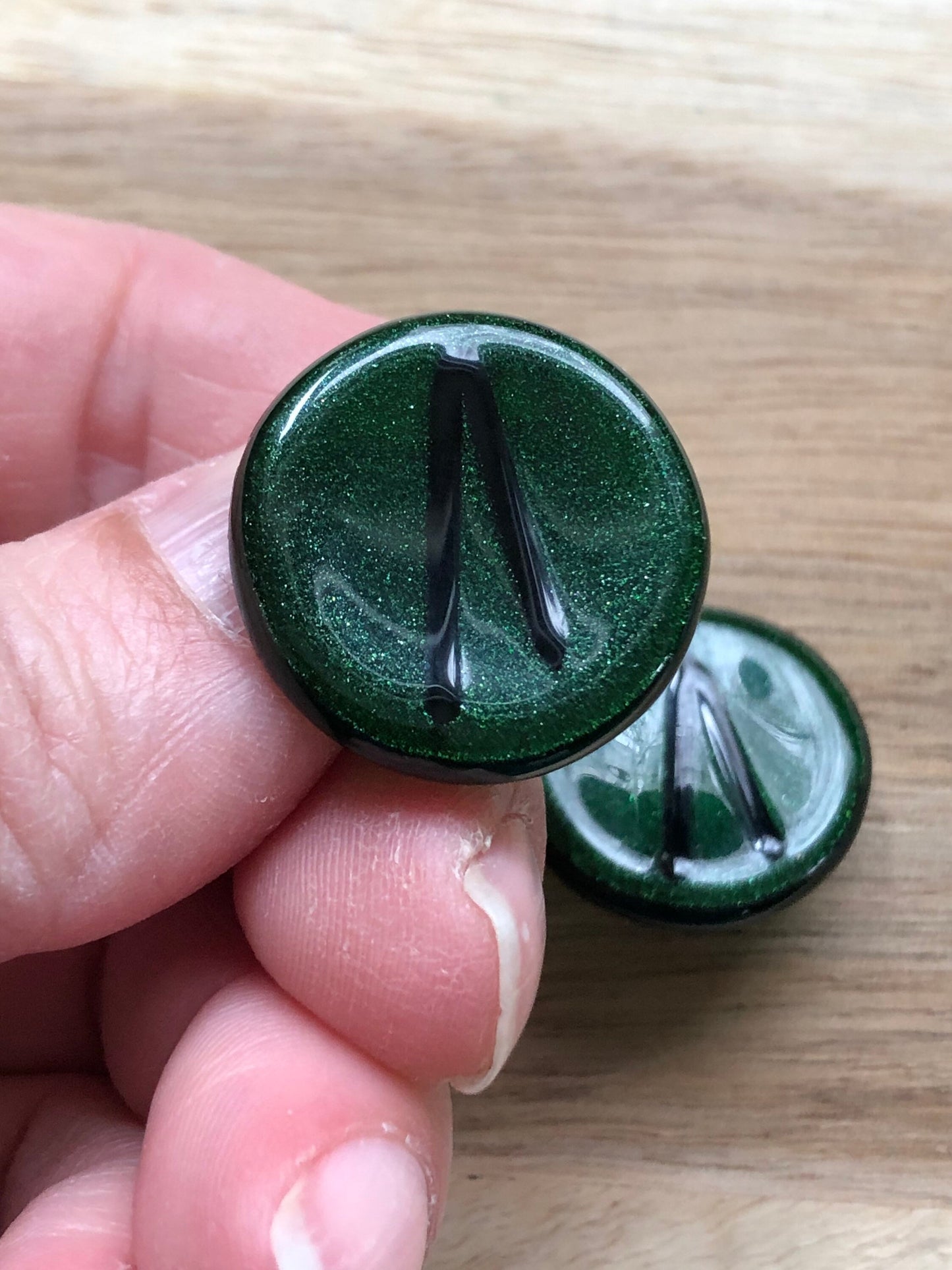 Vintage dark green glass button clip on earrings