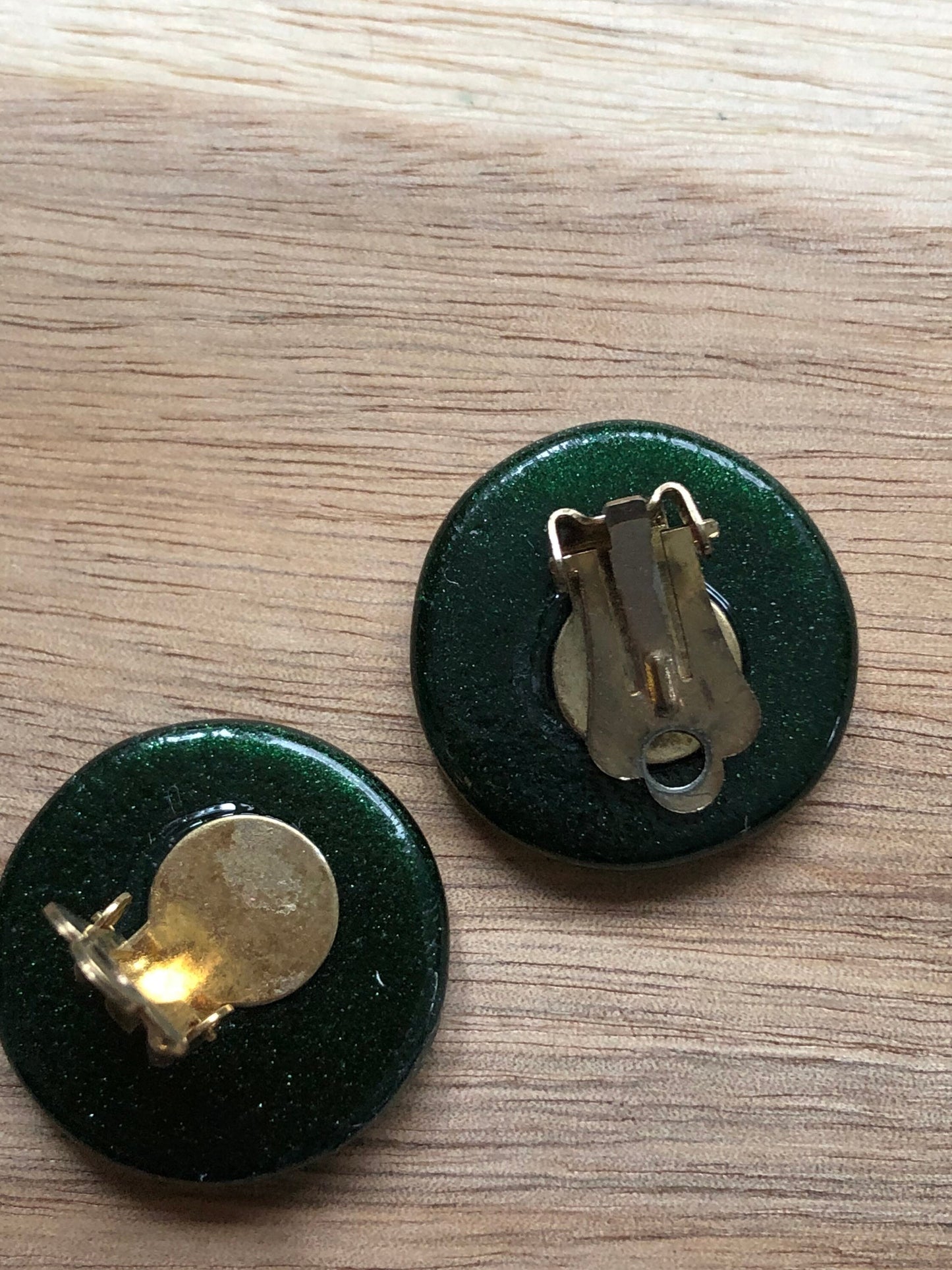 Vintage dark green glass button clip on earrings