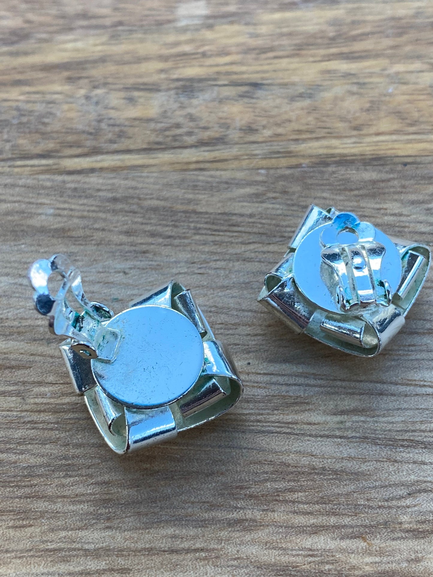 Vintage clip on silver square button earrings