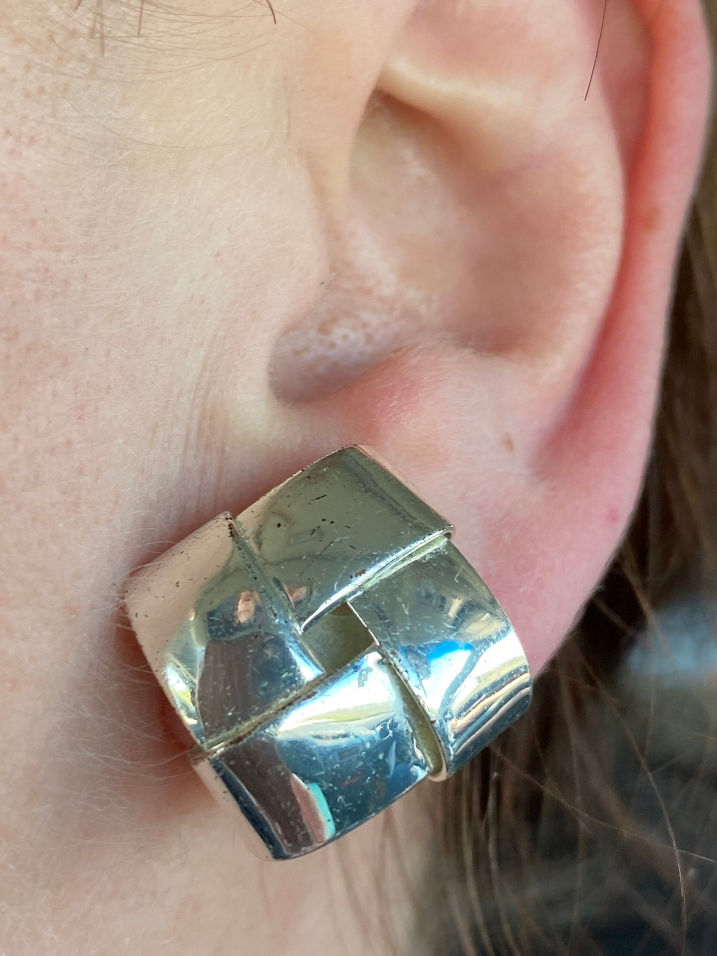 Vintage clip on silver square button earrings