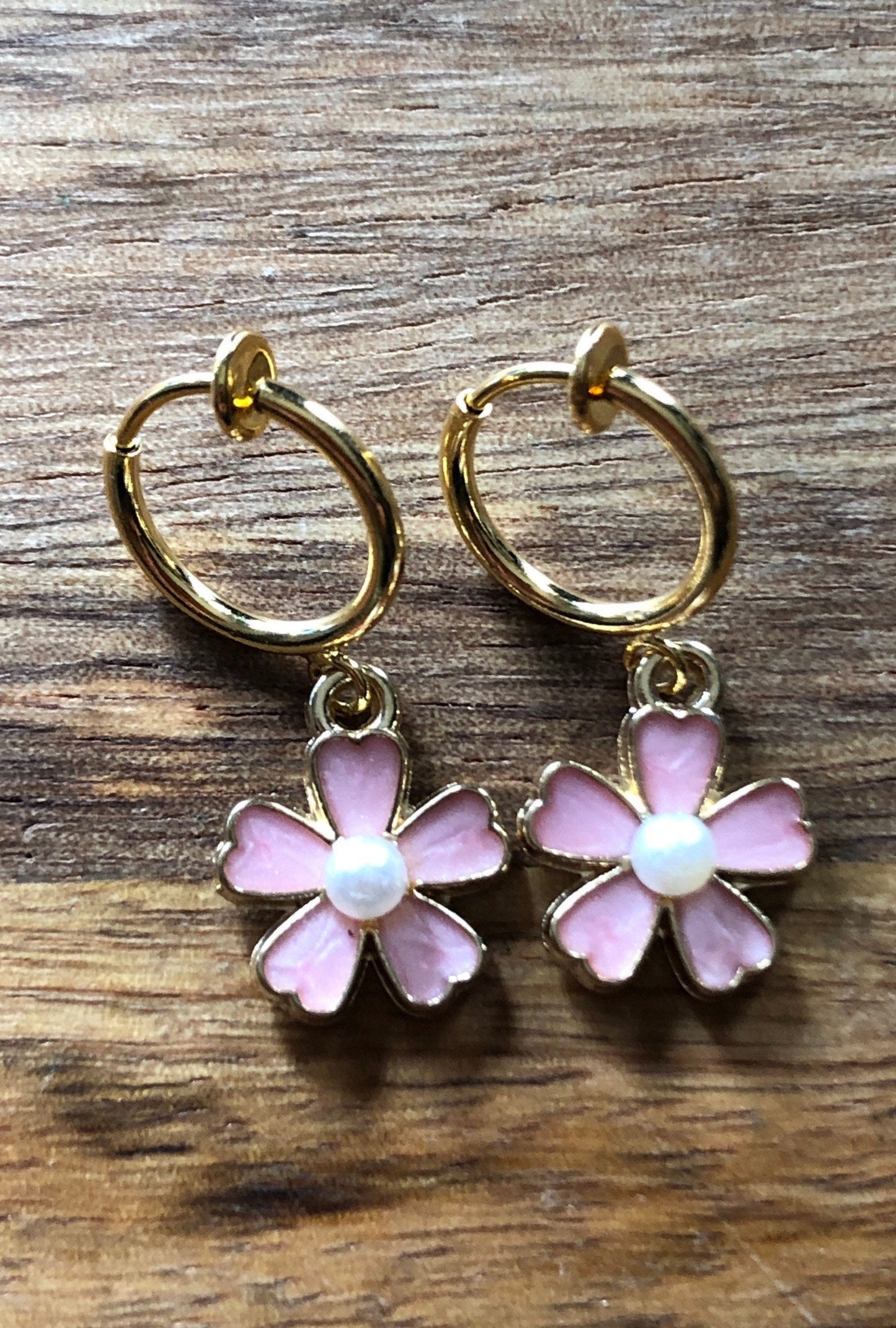 Tiny enamel flower and faux pearl or rhinestone spring hoop clip on earrings