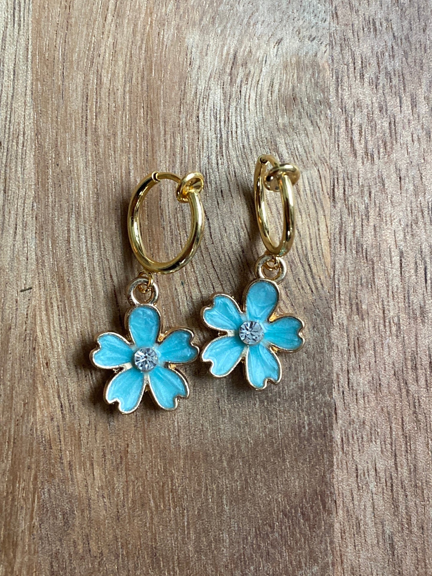 Tiny enamel flower and faux pearl or rhinestone spring hoop clip on earrings